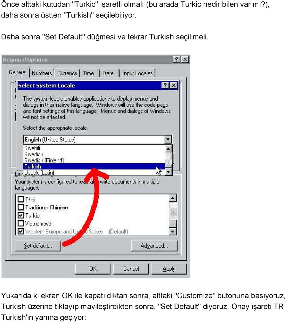 Daha sonra "Set Default" düğmesi ve tekrar Turkish seçilimeli.