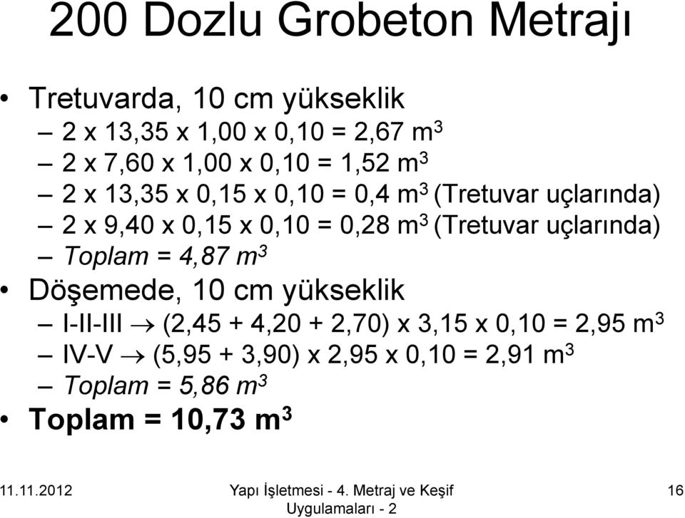 0,28 m 3 (Tretuvar uçlarında) Toplam = 4,87 m 3 Döşemede, 10 cm yükseklik I-II-III (2,45 + 4,20 + 2,70)