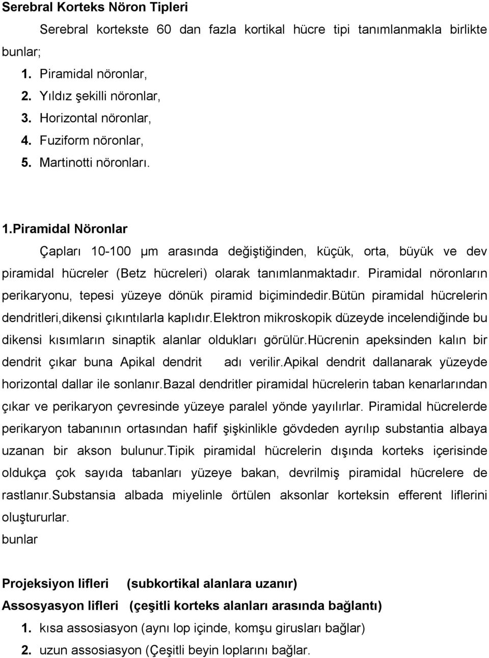 Piramidal nöronların perikaryonu, tepesi yüzeye dönük piramid biçimindedir.bütün piramidal hücrelerin dendritleri,dikensi çıkıntılarla kaplıdır.