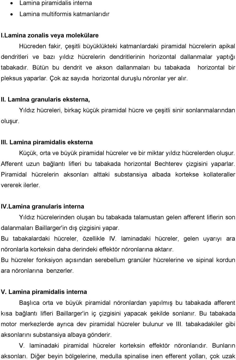 tabakadır. Bütün bu dendrit ve akson dallanmaları bu tabakada horizontal bir pleksus yaparlar. Çok az sayıda horizontal duruşlu nöronlar yer alır. II. Lamlna granularis eksterna, oluşur.