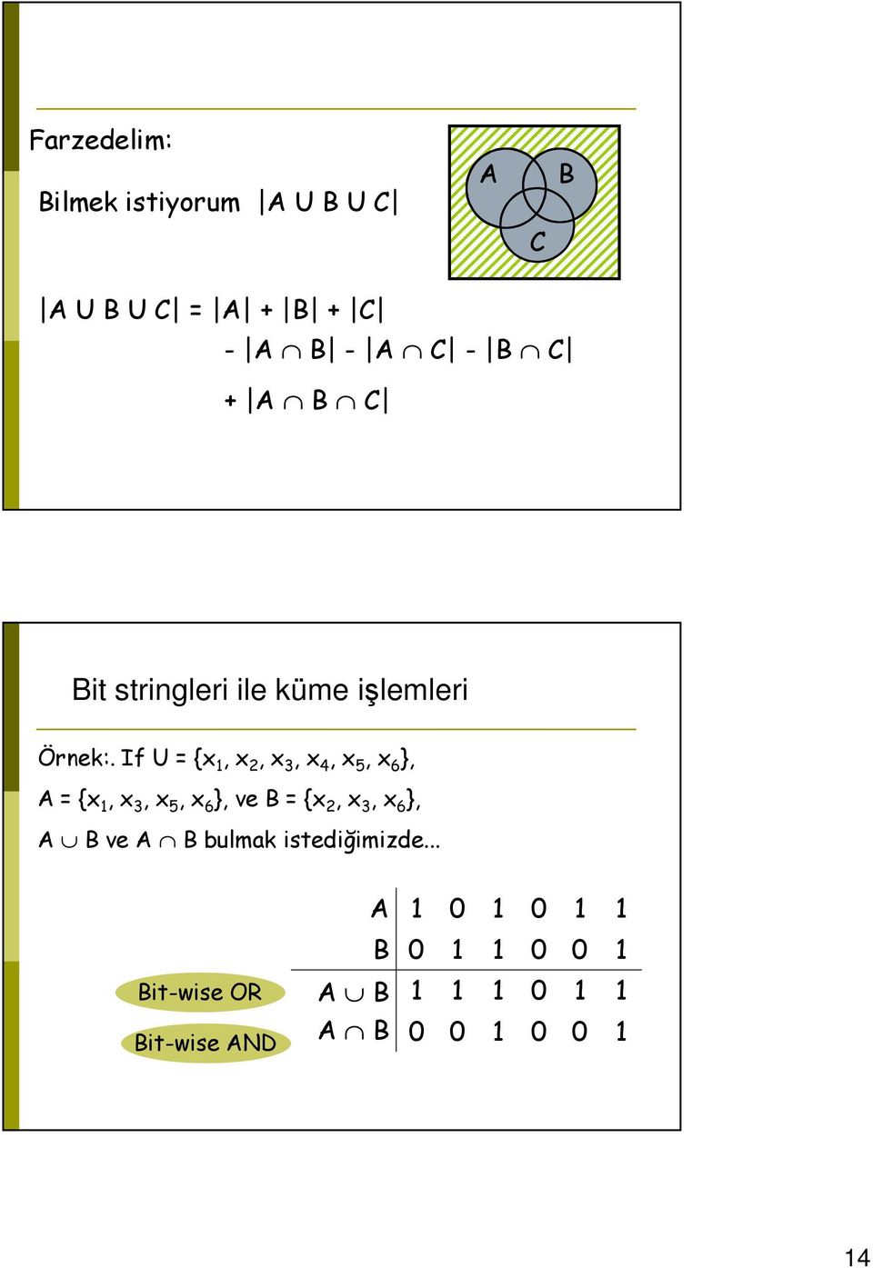 If U = {x 1, x 2, x 3, x 4, x 5, x 6 }, A = {x 1, x 3, x 5, x 6 }, ve B = {x 2, x 3, x