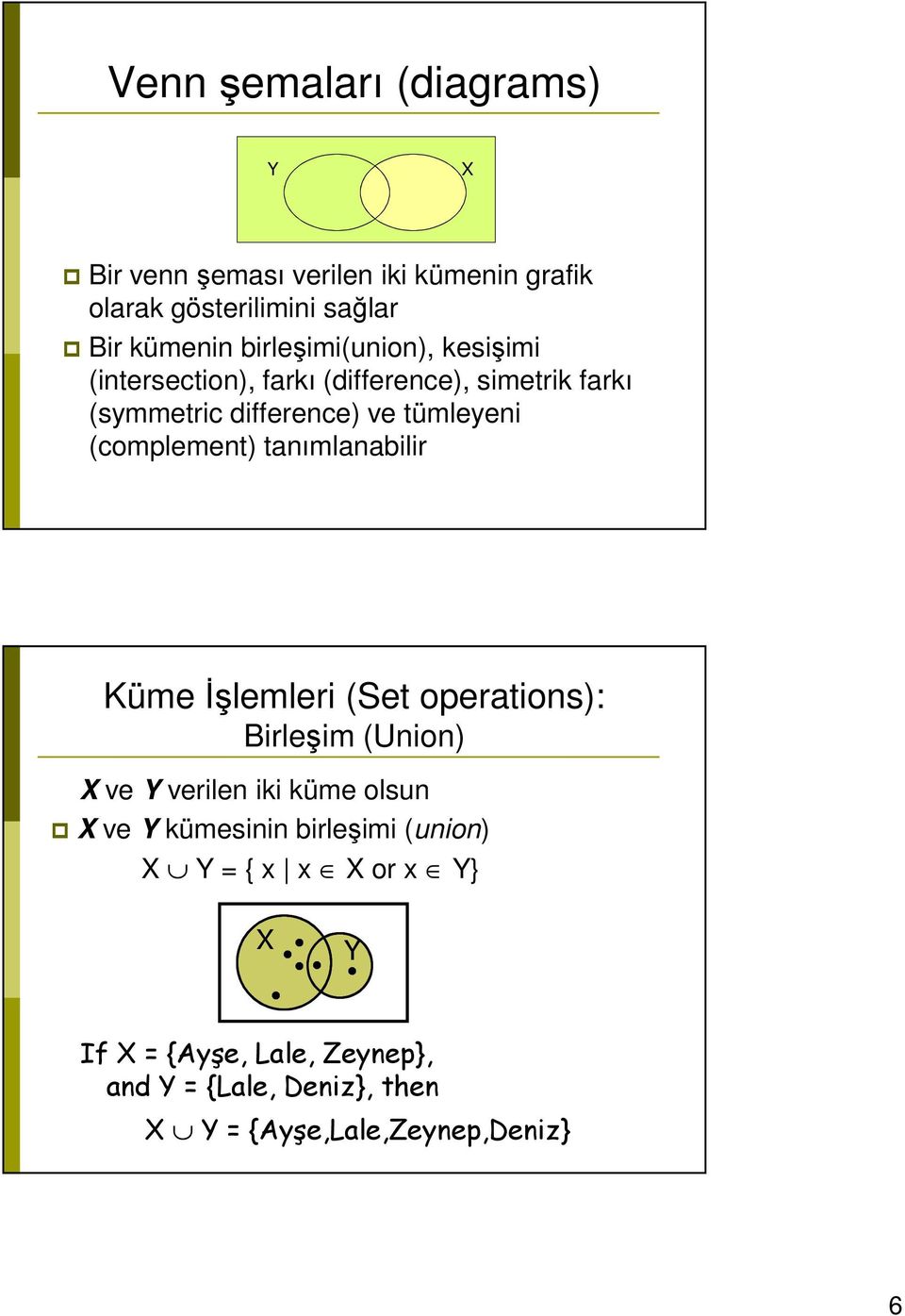 (complement) tanımlanabilir Küme Đşlemleri (Set operations): Birleşim (Union) X ve Y verilen iki küme olsun X ve Y