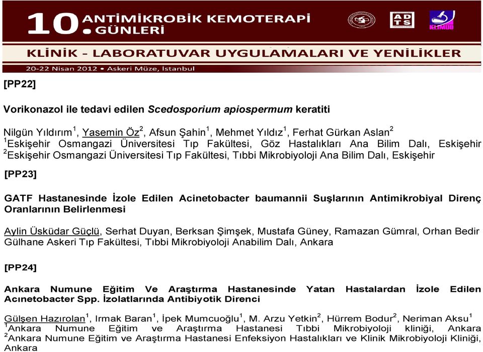 Acinetobacter baumannii Suşlarının Antimikrobiyal Direnç Oranlarının Belirlenmesi Aylin Üsküdar Güçlü, Serhat Duyan, Berksan Şimşek, Mustafa Güney, Ramazan Gümral, Orhan Bedir Gülhane Askeri Tıp