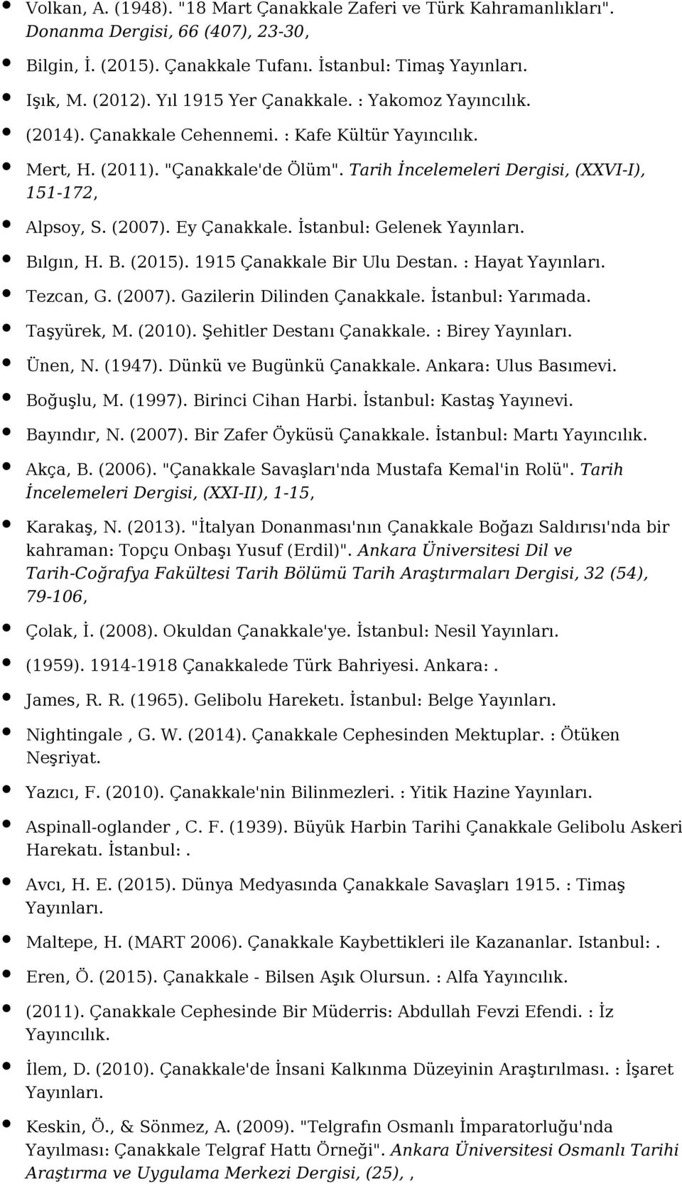 İstanbul: Gelenek Bılgın, H. B. (2015). 1915 Çanakkale Bir Ulu Destan. : Hayat Tezcan, G. (2007). Gazilerin Dilinden Çanakkale. İstanbul: Yarımada. Taşyürek, M. (2010). Şehitler Destanı Çanakkale.