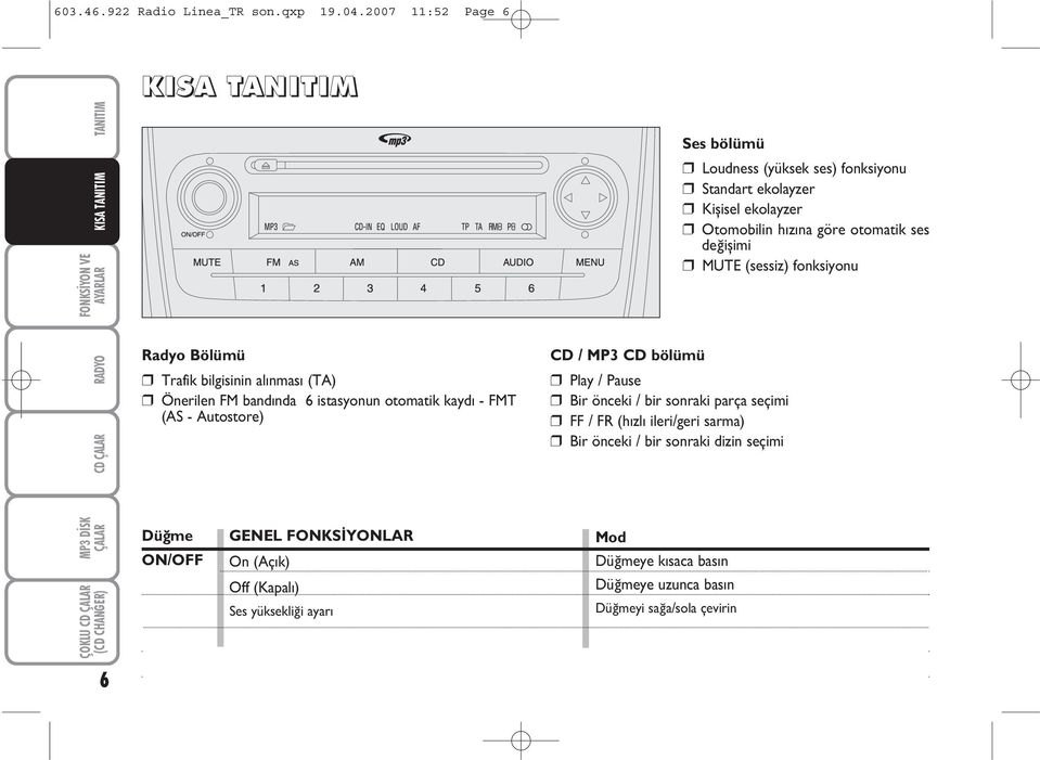 istasyonun otomatik kaydý - FMT (AS Autostore) GENEL FONKSÝYONLAR On (Açýk) Off (Kapalý) Ses yüksekliði ayarý F0N0225m Ses bölümü CD / MP3 CD bölümü Play / Pause Bir