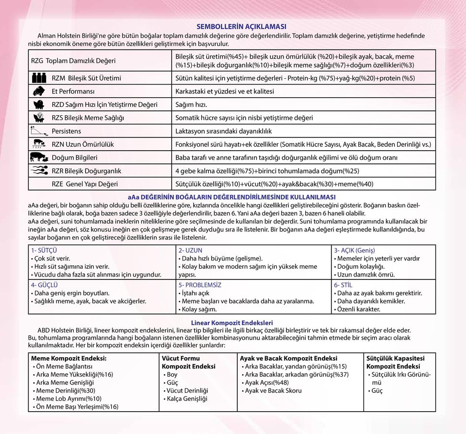 RZG Toplam Damızlık Değeri Bileşik süt üretimi(%45)+ bileşik uzun ömürlülük (%20)+bileşik ayak, bacak, meme (%15)+bileşik doğurganlık(%10)+bileşik meme sağlığı(%7)+doğum özellikleri(%3) RZM Bileşik