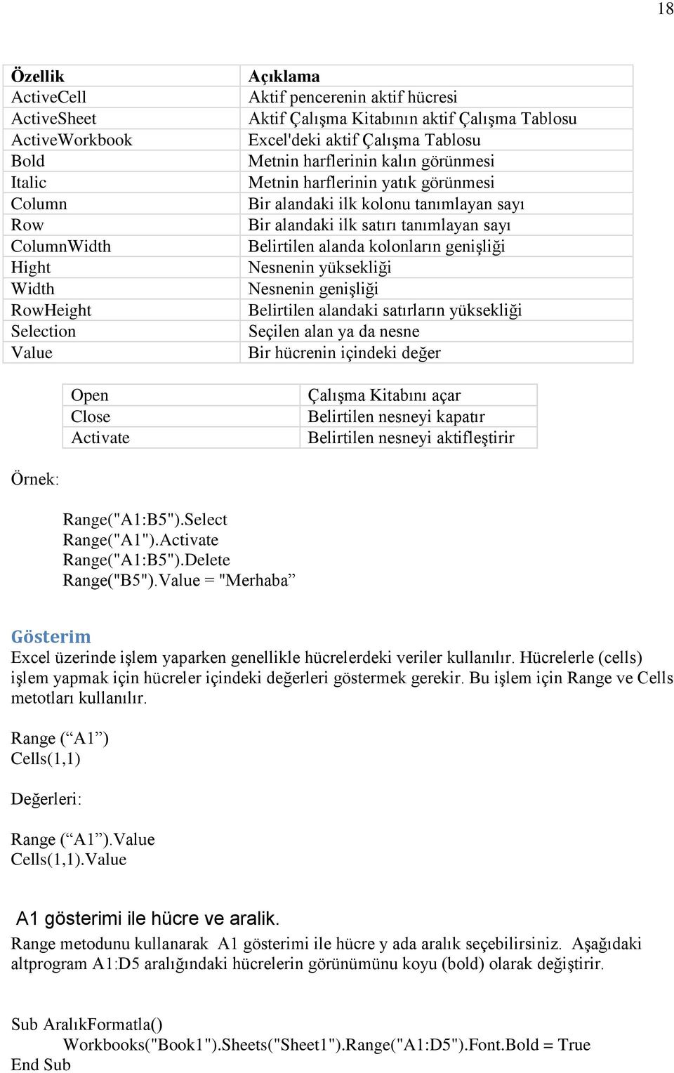 tanımlayan sayı Belirtilen alanda kolonların genişliği Nesnenin yüksekliği Nesnenin genişliği Belirtilen alandaki satırların yüksekliği Seçilen alan ya da nesne Bir hücrenin içindeki değer Çalışma