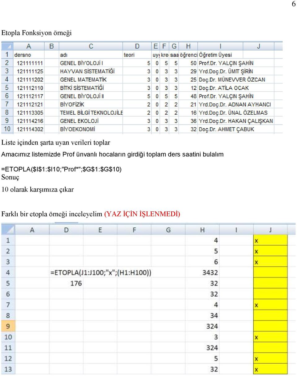 saatini bulalım =ETOPLA($I$1:$I10;"Prof*";$G$1:$G$10) Sonuç 10