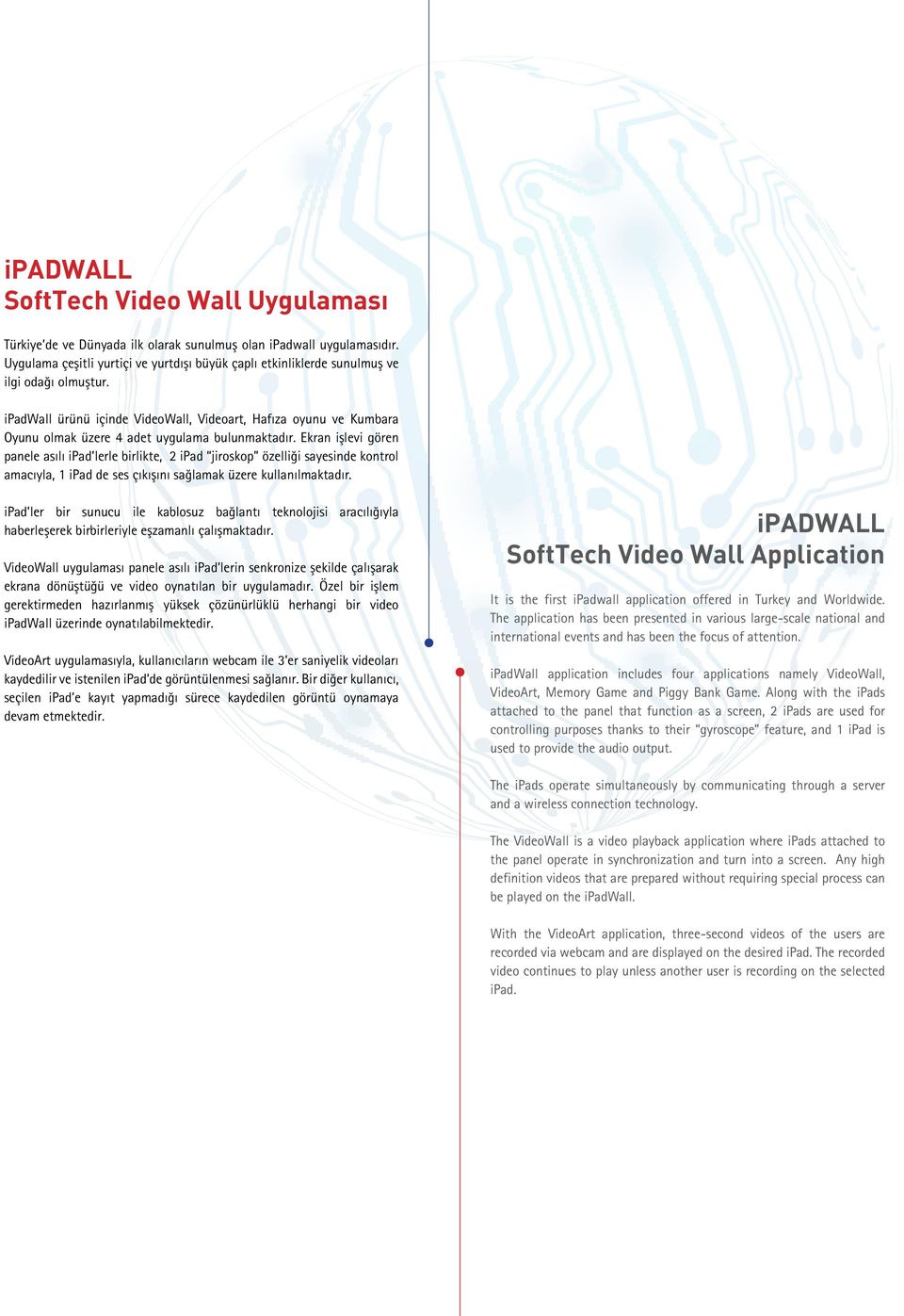 ipadwall ürünü içinde VideoWall, Videoart, Hafıza oyunu ve Kumbara Oyunu olmak üzere 4 adet uygulama bulunmaktadır.