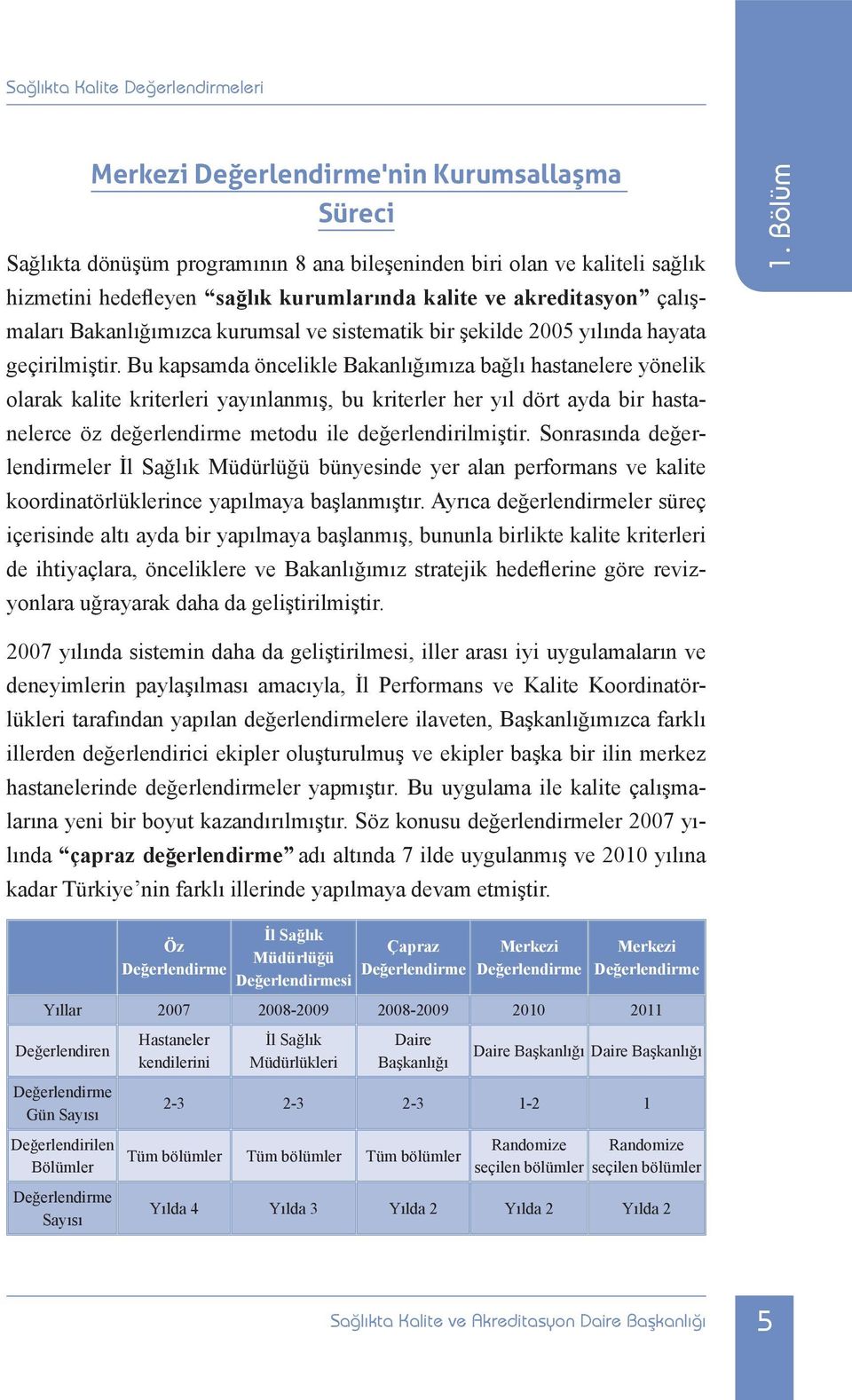 Bu kapsamda öncelikle Bakanlığımıza bağlı hastanelere yönelik olarak kalite kriterleri yayınlanmış, bu kriterler her yıl dört ayda bir hastanelerce öz değerlendirme metodu ile değerlendirilmiştir.