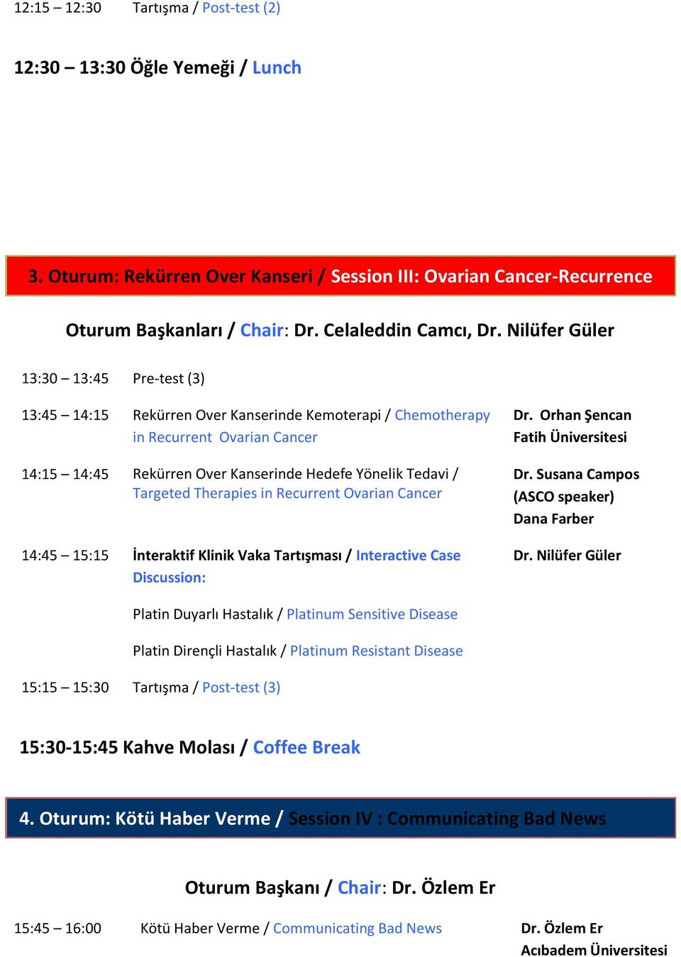 Therapies in Recurrent Ovarian Cancer 14:45 15:15 İnteraktif Klinik Vaka Tartışması / Interactive Case Discussion: Dr. Orhan Şencan Fatih Dr. Susana Campos (ASCO speaker) Dana Farber Dr.