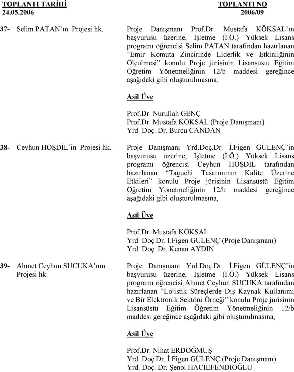 ) Yüksek Lisans programı öğrencisi Selim PATAN tarafından hazırlanan Emir Komuta Zincirinde Liderlik ve Etkinliğinin Ölçülmesi konulu Proje jürisinin Lisansüstü Eğitim Öğretim Yönetmeliğinin 12/b
