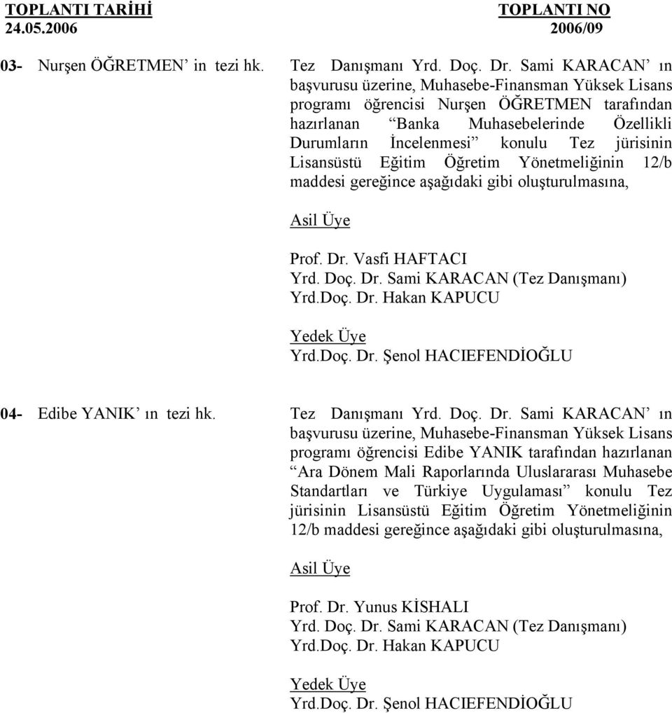 jürisinin maddesi gereğince Prof. Dr. Vasfi HAFTACI Yrd. Doç. Dr. Sami KARACAN (Tez Danışmanı) Yrd.Doç. Dr. Hakan KAPUCU Yrd.Doç. Dr. Şenol HACIEFENDİOĞLU 04- Edibe YANIK ın tezi hk.