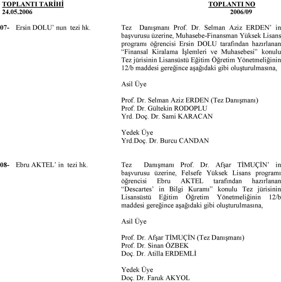 12/b maddesi gereğince Prof. Dr. Selman Aziz ERDEN (Tez Danışmanı) Prof. Dr. Gültekin RODOPLU Yrd. Doç. Dr. Sami KARACAN Yrd.Doç. Dr. Burcu CANDAN 08- Ebru AKTEL in tezi hk.