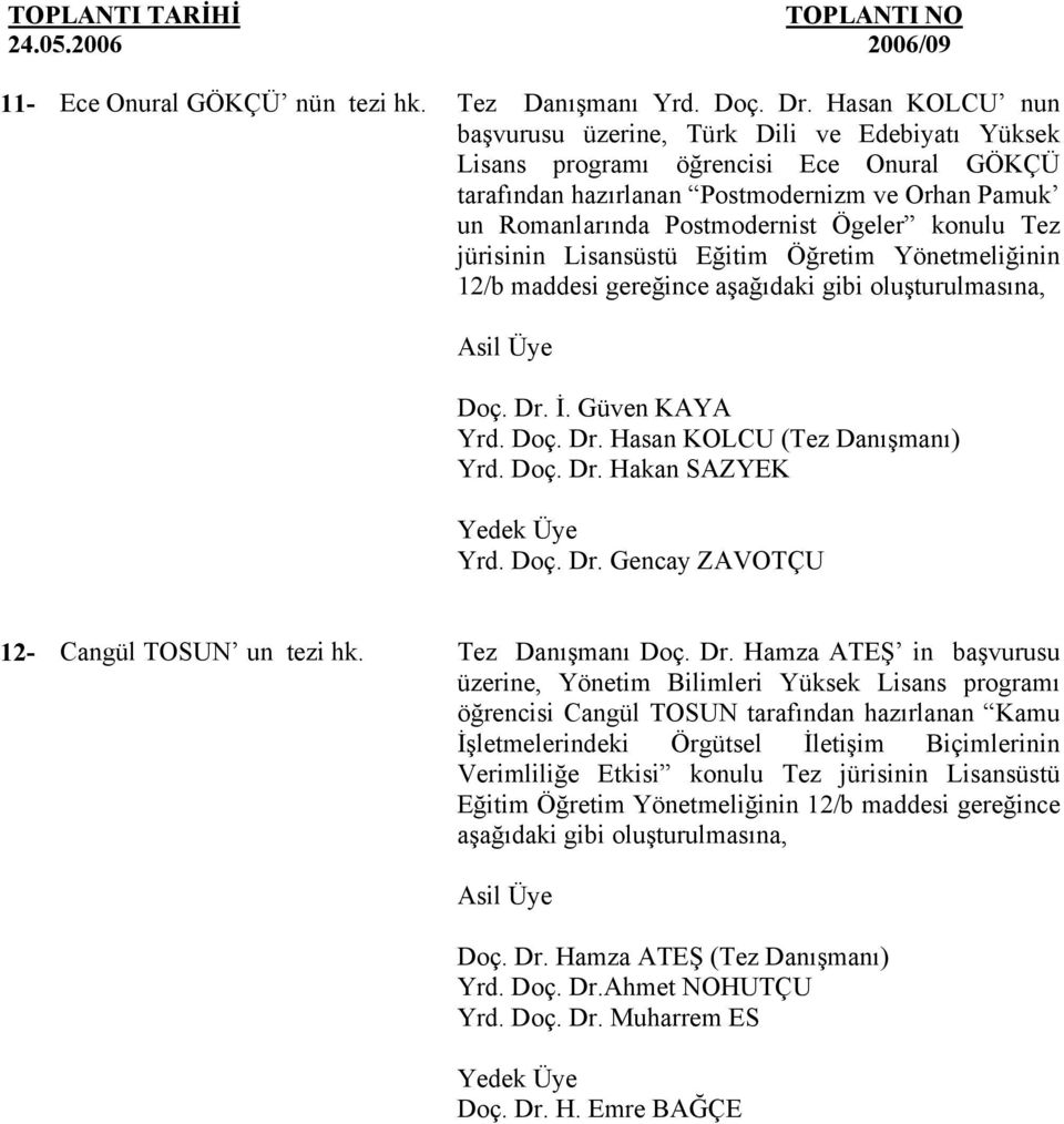konulu Tez 12/b maddesi gereğince Doç. Dr. İ. Güven KAYA Yrd. Doç. Dr. Hasan KOLCU (Tez Danışmanı) Yrd. Doç. Dr. Hakan SAZYEK Yrd. Doç. Dr. Gencay ZAVOTÇU 12- Cangül TOSUN un tezi hk.