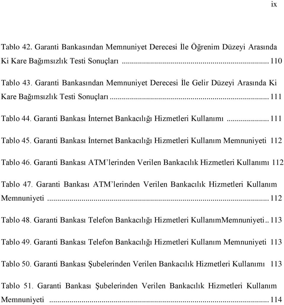 Garanti Bankası Ġnternet Bankacılığı Hizmetleri Kullanım Memnuniyeti 112 Tablo 46. Garanti Bankası ATM lerinden Verilen Bankacılık Hizmetleri Kullanımı 112 Tablo 47.