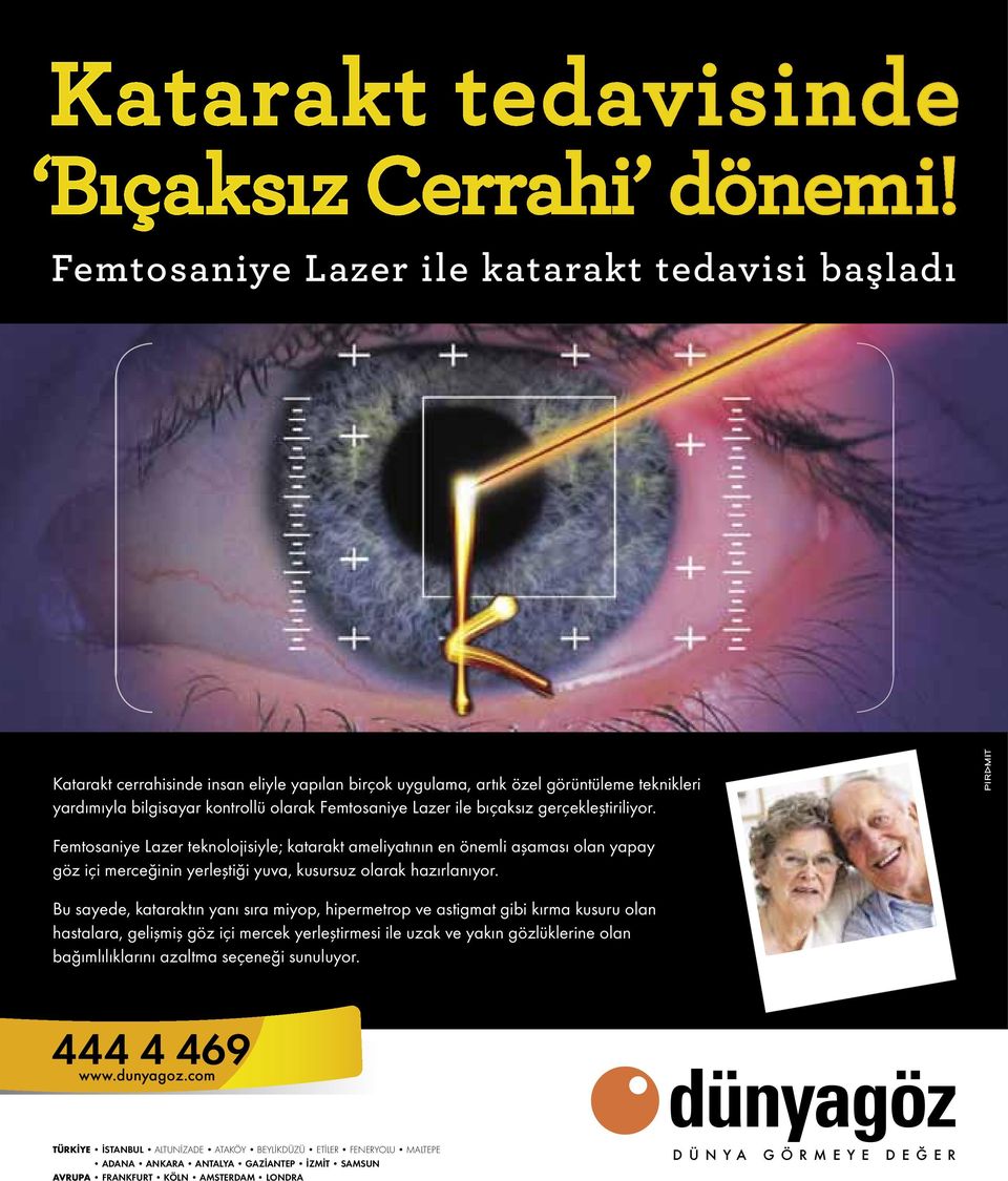 ile bıçaksız gerçekleştiriliyor. Femtosaniye Lazer teknolojisiyle; katarakt ameliyatının en önemli aşaması olan yapay göz içi merceğinin yerleştiği yuva, kusursuz olarak hazırlanıyor.