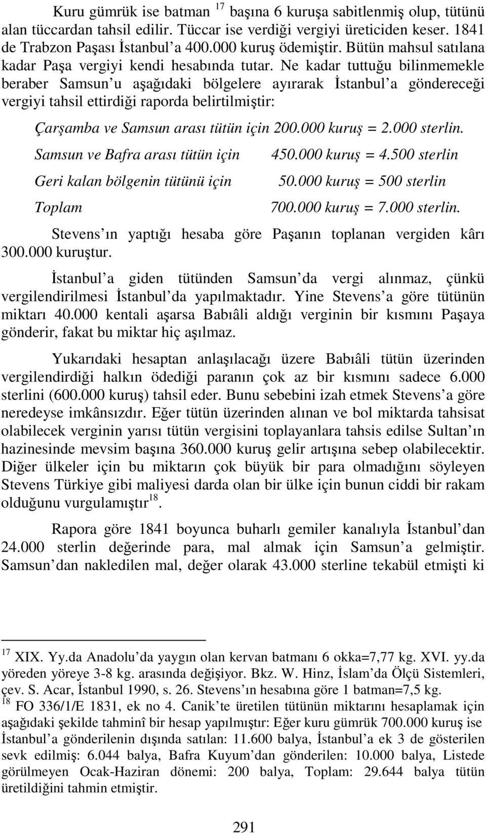 Ne kadar tuttuğu bilinmemekle beraber Samsun u aşağıdaki bölgelere ayırarak İstanbul a göndereceği vergiyi tahsil ettirdiği raporda belirtilmiştir: Çarşamba ve Samsun arası tütün için 200.