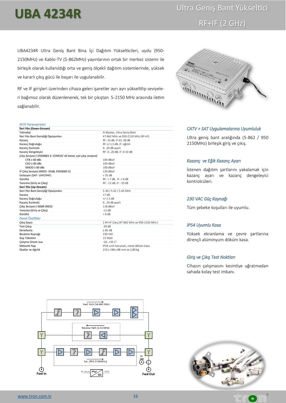 RF ve IF girişleri üzerinden cihaza gelen işaretler ayrı ayrı yükseltilip seviyeleri bağımsız olarak düzenlenerek, tek bir çıkıştan 5-2150 MHz arasında iletim sağlanabilir.