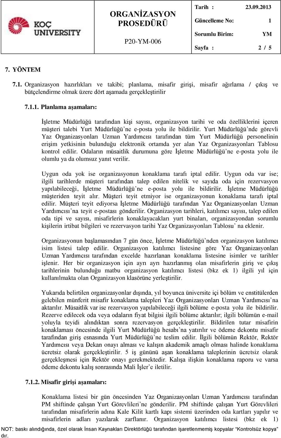 Odaların müsaitlik durumuna göre İşletme Müdürlüğü ne e-posta yolu ile olumlu ya da olumsuz yanıt verilir. Uygun oda yok ise organizasyonun konaklama tarafı iptal edilir.