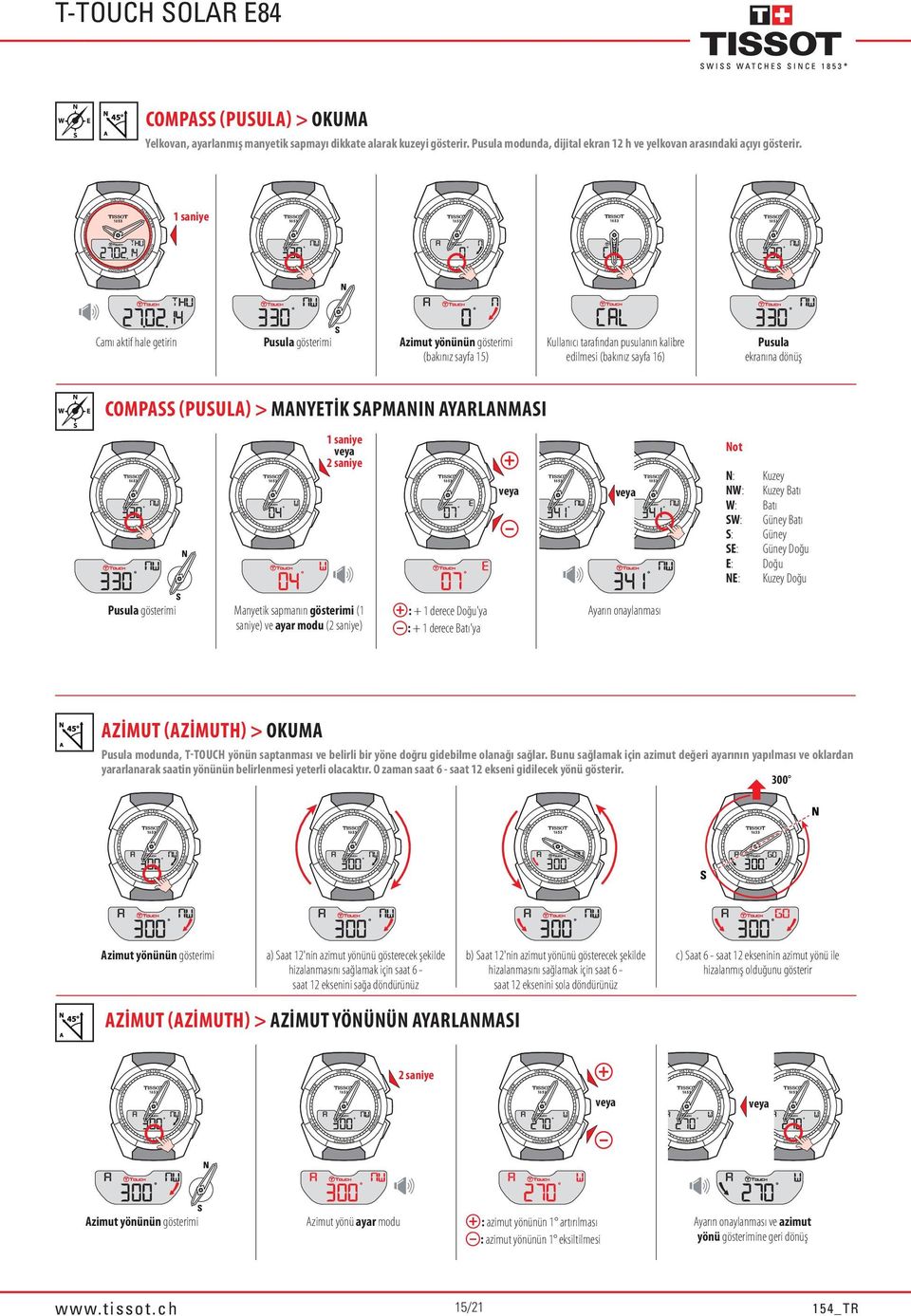 MANYETIK SAPMANIN AYARLANMASI Not N: Kuzey NW: Kuzey Batı W: Batı SW: Güney Batı S: Güney SE: Güney Doğu E: Doğu NE: Kuzey Doğu Pusula gösterimi Manyetik sapmanın gösterimi (1 saniye) ve ayar modu ()