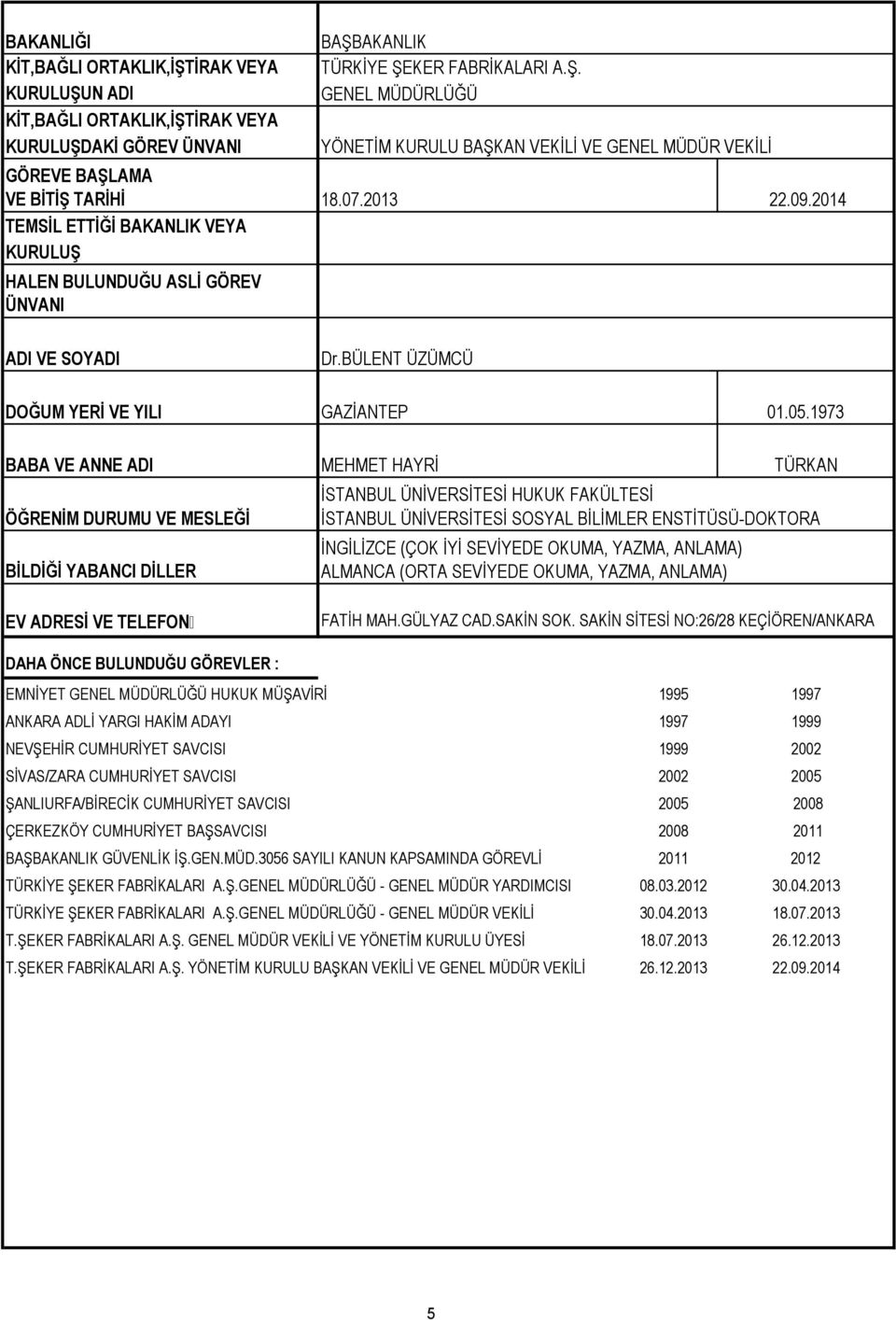 AKANLIK TÜRKİYE ŞEKER FABRİKALARI A.Ş. GENEL MÜDÜRLÜĞÜ YÖNETİM KURULU BAŞKAN VEKİLİ VE GENEL MÜDÜR VEKİLİ 18.07.2013 22.09.2014 Dr.BÜLENT ÜZÜMCÜ GAZİANTEP 01.05.