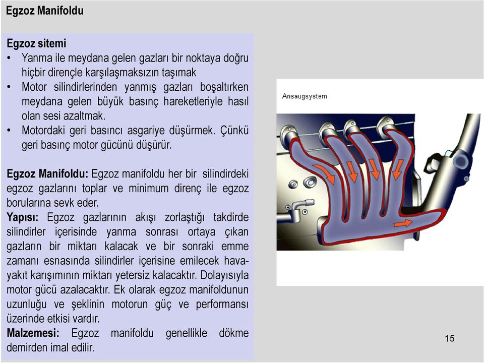 Egzoz Manifoldu: Egzoz manifoldu her bir silindirdeki egzoz gazlarını toplar ve minimum direnç ile egzoz borularına sevk eder.