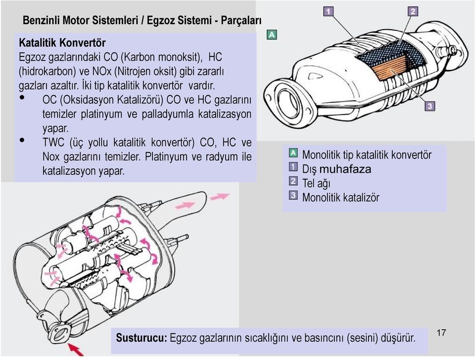 OC (Oksidasyon Katalizörü) CO ve HC gazlarını temizler platinyum ve palladyumla katalizasyon yapar.