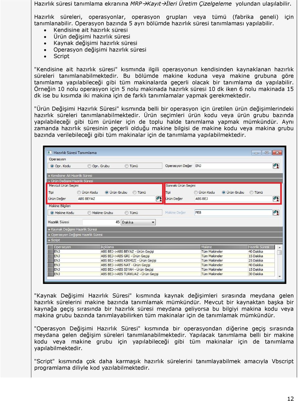 Kendisine ait hazırlık süresi Ürün değişimi hazırlık süresi Kaynak değişimi hazırlık süresi Operasyon değişimi hazırlık süresi Script "Kendisine ait hazırlık süresi" kısmında ilgili operasyonun