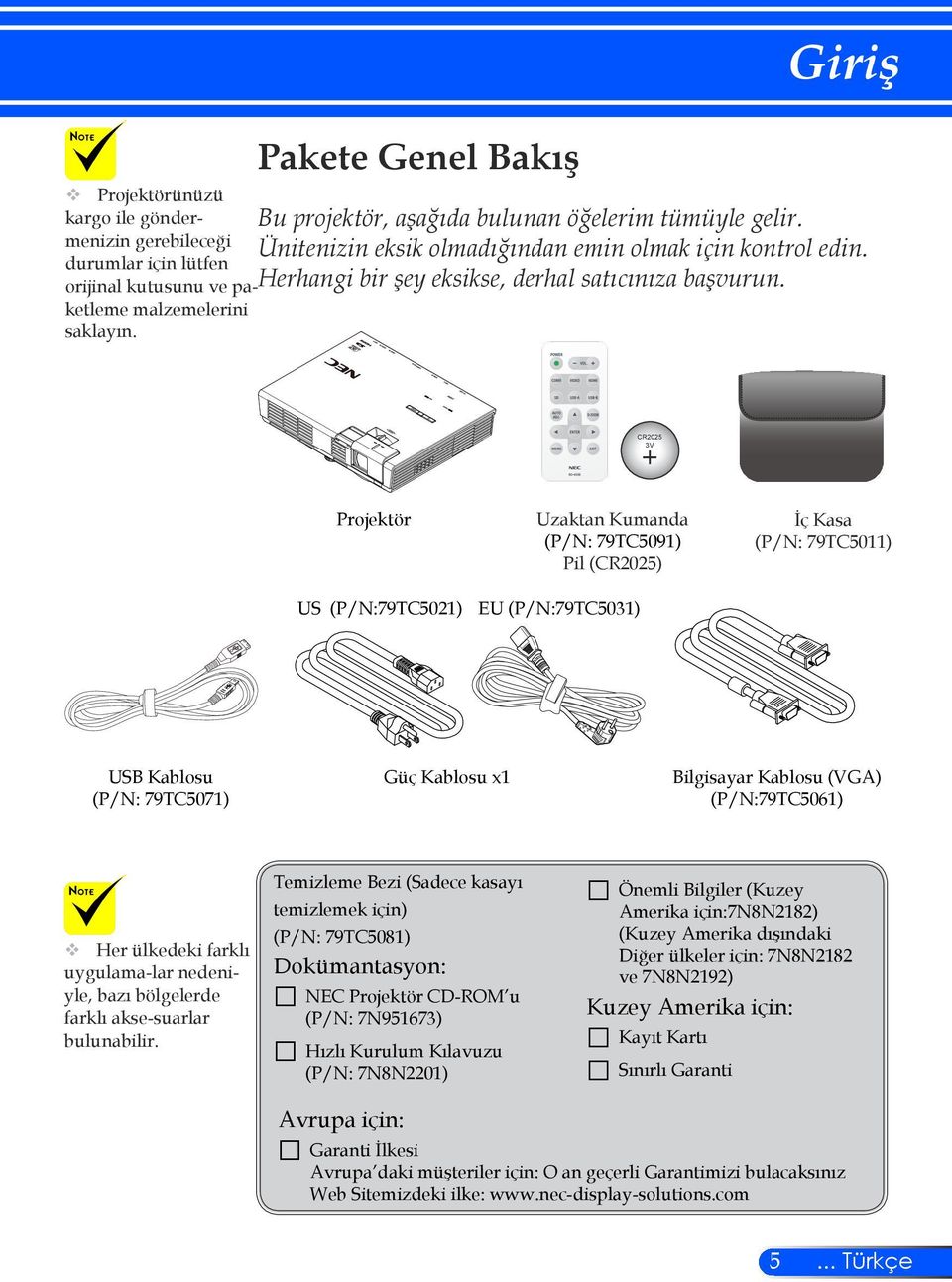 CR2025 3V Projektör US (P/N:79TC5021) Uzaktan Kumanda (P/N: 79TC5091) Pil (CR2025) EU (P/N:79TC5031) İç Kasa (P/N: 79TC5011) USB Kablosu (P/N: 79TC5071) Güç Kablosu x1 Bilgisayar Kablosu (VGA)