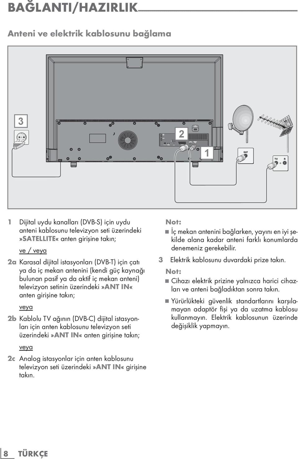iç mekan anteni) televizyon setinin üzerindeki»ant In«anten girişine takın; veya 2b Kablolu TV ağının (DVB-C) dijital istasyonları için anten kablosunu televizyon seti üzerindeki»ant In«anten