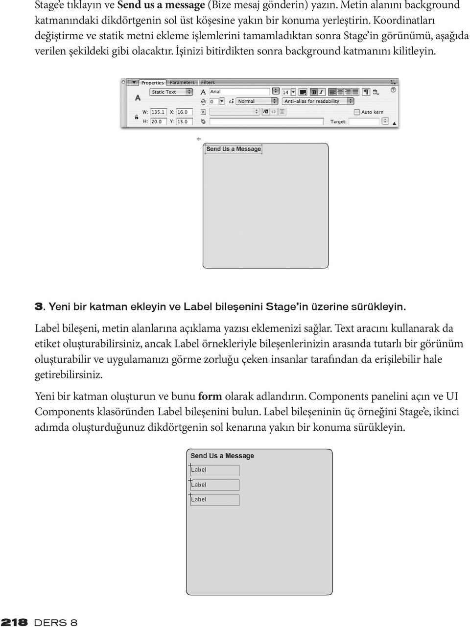 3. Yeni bir katman ekleyin ve Label bileşenini Stage in üzerine sürükleyin. Label bileşeni, metin alanlarına açıklama yazısı eklemenizi sağlar.