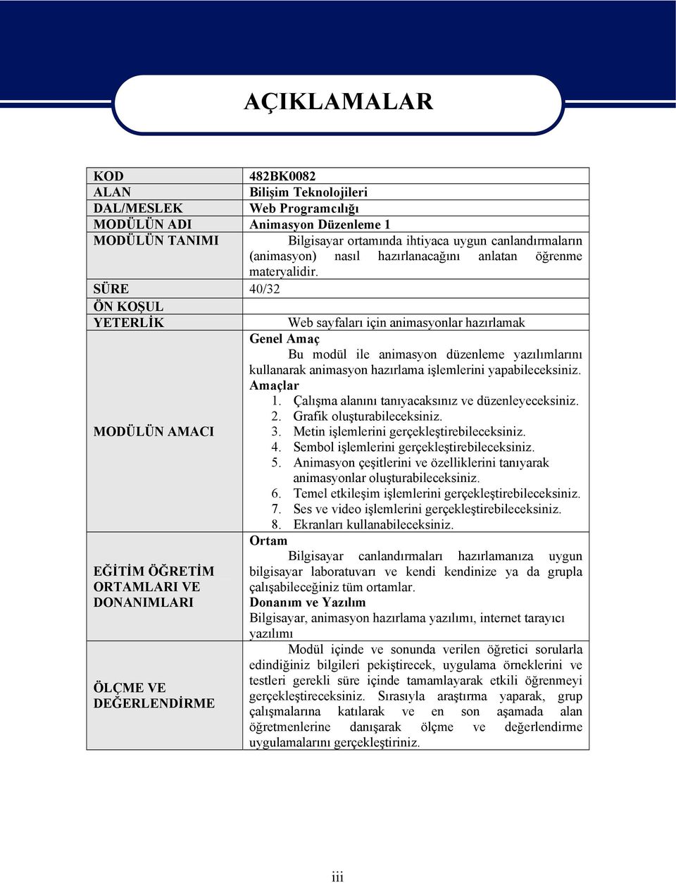 SÜRE 40/32 ÖN KOŞUL YETERLİK Web sayfaları için animasyonlar hazırlamak Genel Amaç Bu modül ile animasyon düzenleme yazılımlarını kullanarak animasyon hazırlama işlemlerini yapabileceksiniz.