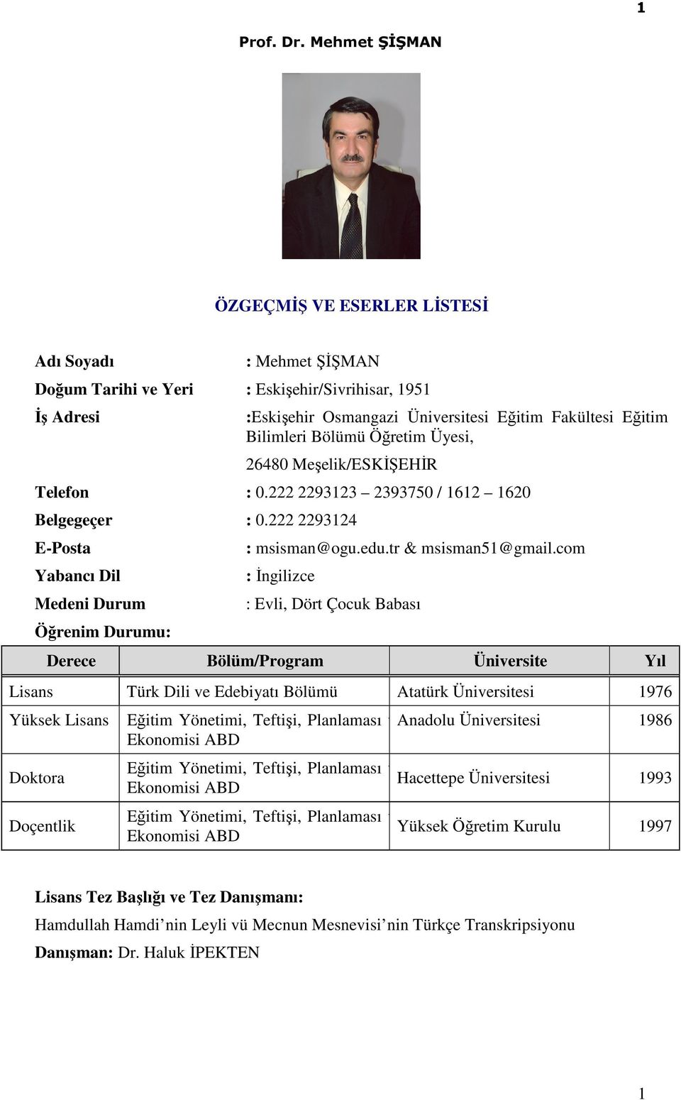 com : İngilizce : Evli, Dört Çocuk Babası Derece Bölüm/Program Üniversite Yıl Lisans Türk Dili ve Edebiyatı Bölümü Atatürk Üniversitesi 1976 Yüksek Lisans Doktora Doçentlik Eğitim Yönetimi, Teftişi,