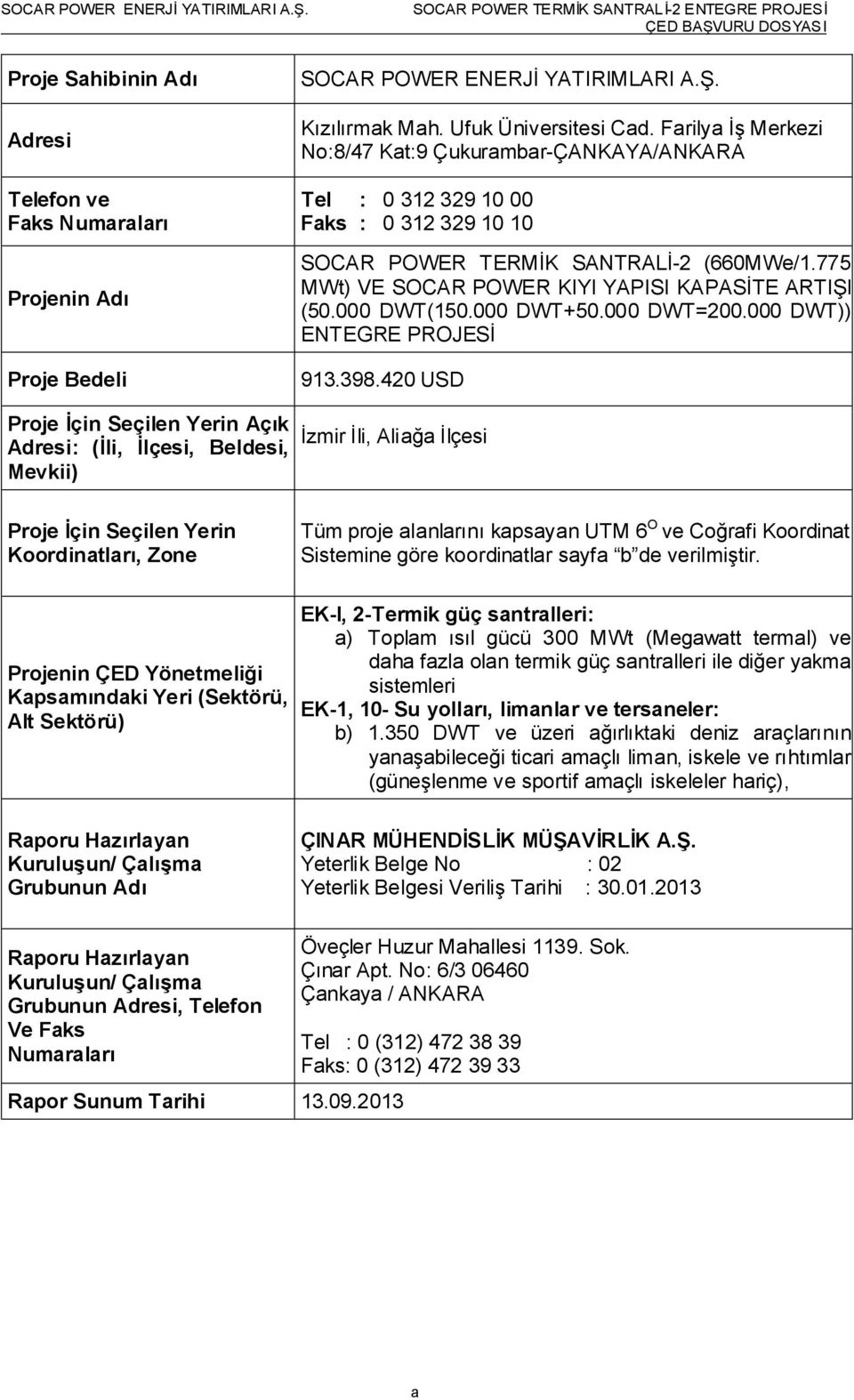 775 MWt) VE SOCAR POWER KIYI YAPISI KAPASİTE ARTIŞI (50.000 DWT(150.000 DWT+50.000 DWT=200.000 DWT)) ENTEGRE PROJESİ 913.398.