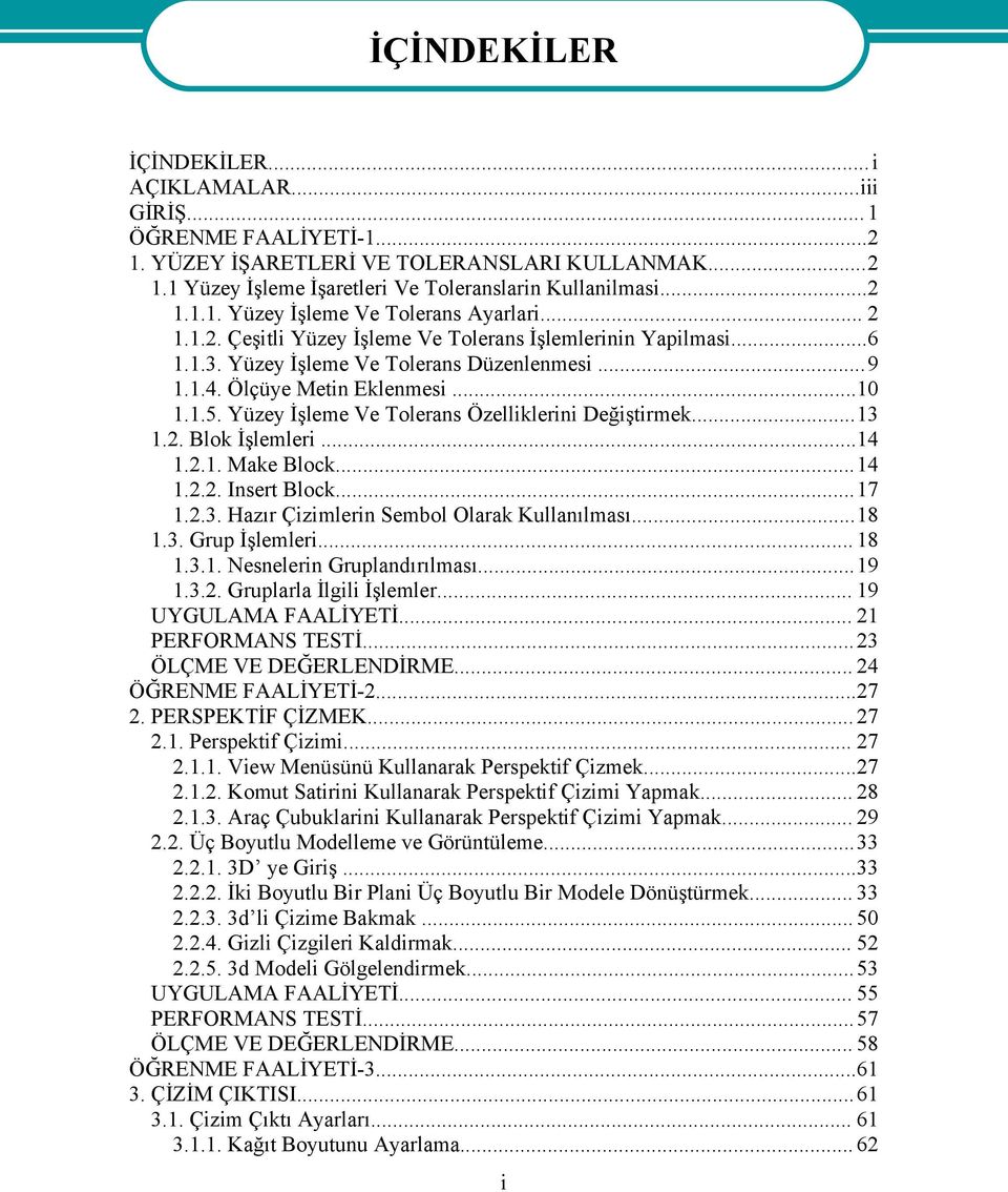 ..10 1.1.5. Yüzey İşleme Ve Tolerans Özelliklerini Değiştirmek...13 1.2. Blok İşlemleri...14 1.2.1. Make Block...14 1.2.2. Insert Block...17 1.2.3. Hazır Çizimlerin Sembol Olarak Kullanılması...18 1.