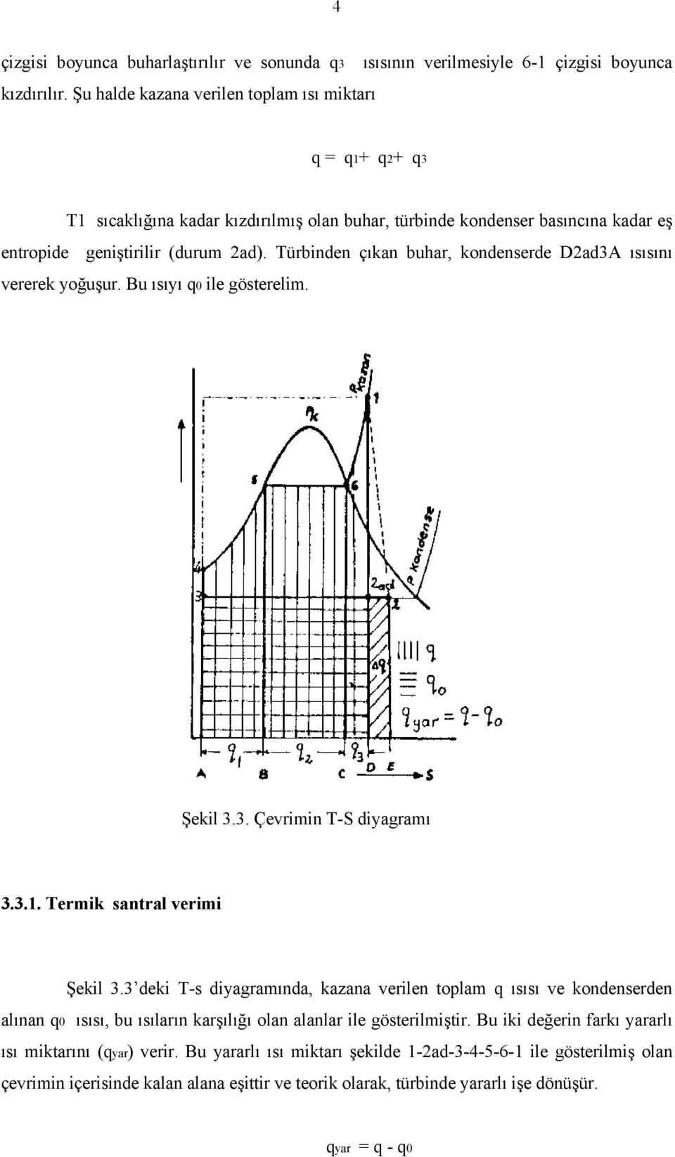 Türbinden çıkan buhar, kondenserde D2ad3A ısısını vererek yoğuşur. Bu ısıyı q0 ile gösterelim. Şekil 3.3. Çevrimin T-S diyagramı 3.3.1. Termik santral verimi Şekil 3.