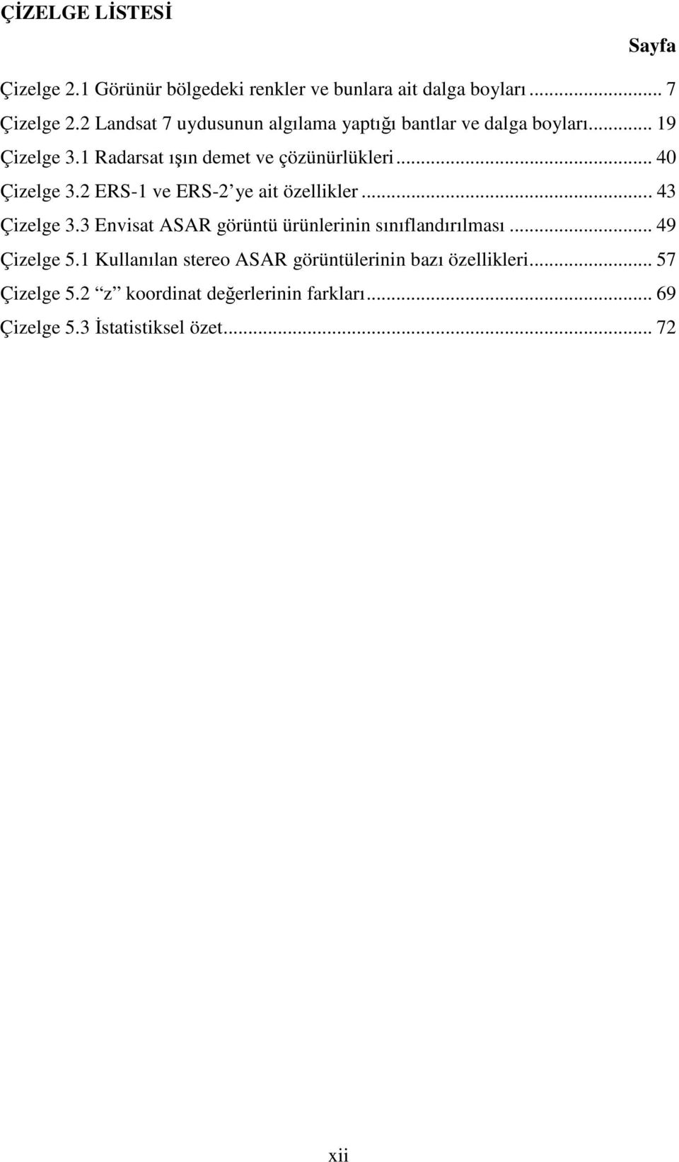 .. 40 Çizelge 3.2 ERS-1 ve ERS-2 ye ait özellikler... 43 Çizelge 3.3 Envisat ASAR görüntü ürünlerinin sınıflandırılması.