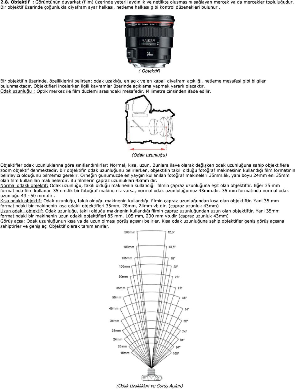 ( Objektif) Bir objektifin üzerinde, özelliklerini belirten; odak uzaklığı, en açık ve en kapalı diyafram açıklığı, netleme mesafesi gibi bilgiler bulunmaktadır.