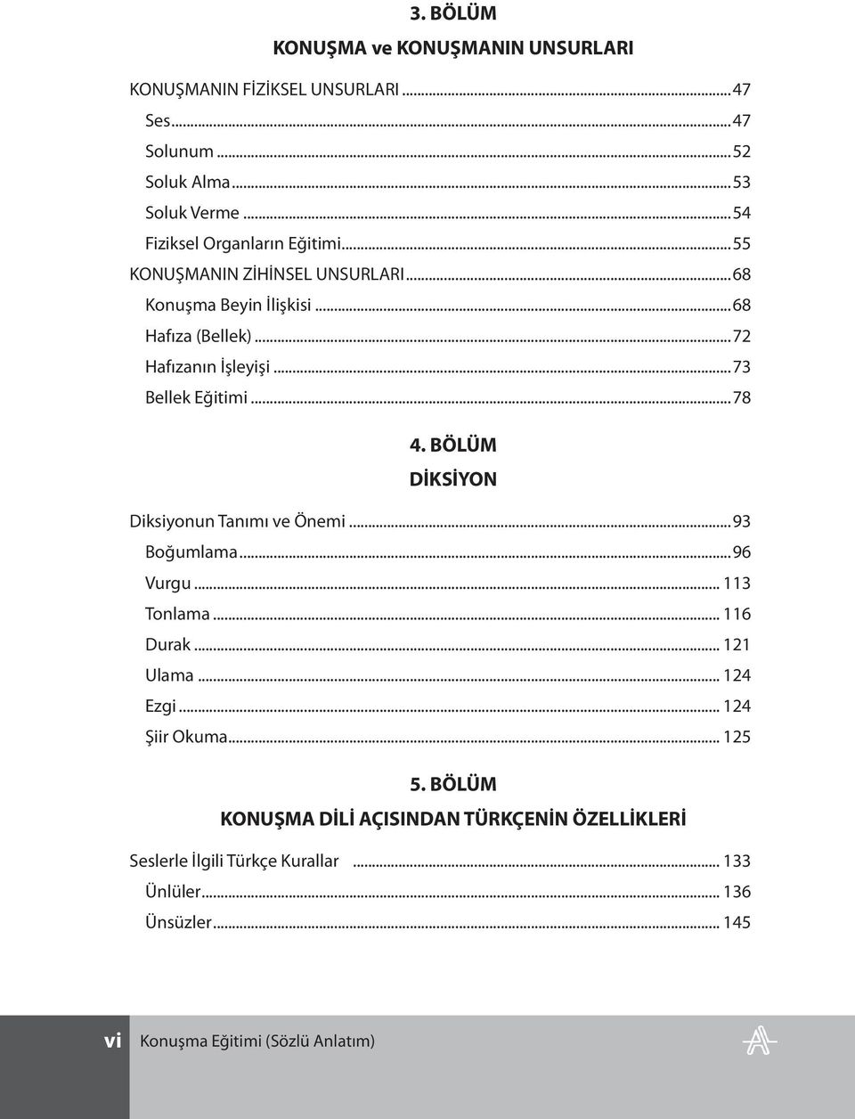 ..73 Bellek Eğitimi...78 4. BÖLÜM DİKSİYON Diksiyonun Tanımı ve Önemi...93 Boğumlama...96 Vurgu... 113 Tonlama... 116 Durak... 121 Ulama... 124 Ezgi.