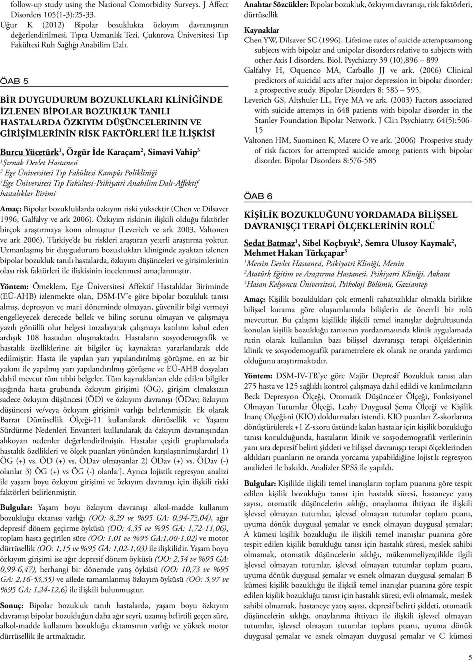 ÖAB 5 Bir duygudurum bozuklukları kliniğinde izlenen bipolar bozukluk tanılı hastalarda özkıyım düşüncelerinin ve girişimlerinin risk faktörleri ile ilişkisi Burcu Yücetürk, Özgür İde Karaçam, Simavi