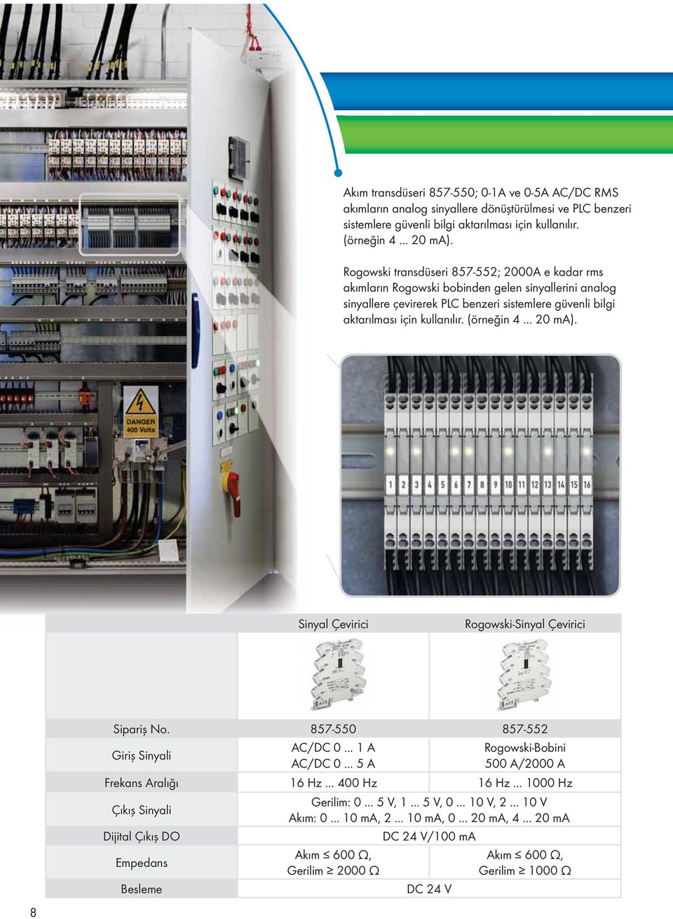 .. 20 ma). Sinyal Çevirici Rogowski-Sinyal Çevirici 8 Sipariş No. 857-550 857-552 AC/DC 0... 1 A Rogowski-Bobini Giriş Sinyali AC/DC 0... 5 A 500 A/2000 A Frekans Aralığı 16 Hz... 400 Hz 16 Hz.