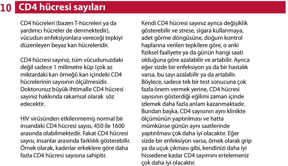 Doktorunuz büyük ihtimalle CD4 hücresi sayınız hakkında rakamsal olarak söz edecektir. HIV virüsünden etkilenmemiş normal bir insandaki CD4 hücresi sayısı, 450 ile 1600 arasında olabilmektedir.