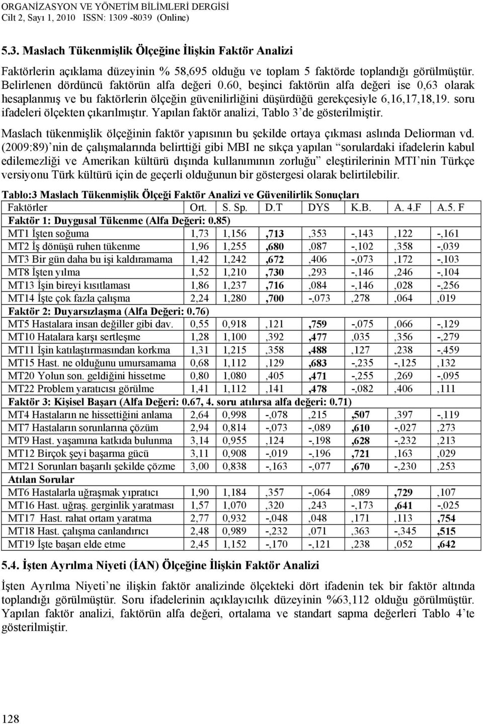 Yapılan faktör analizi, Tablo 3 de gösterilmiştir. Maslach tükenmişlik ölçeğinin faktör yapısının bu şekilde ortaya çıkması aslında Deliorman vd.