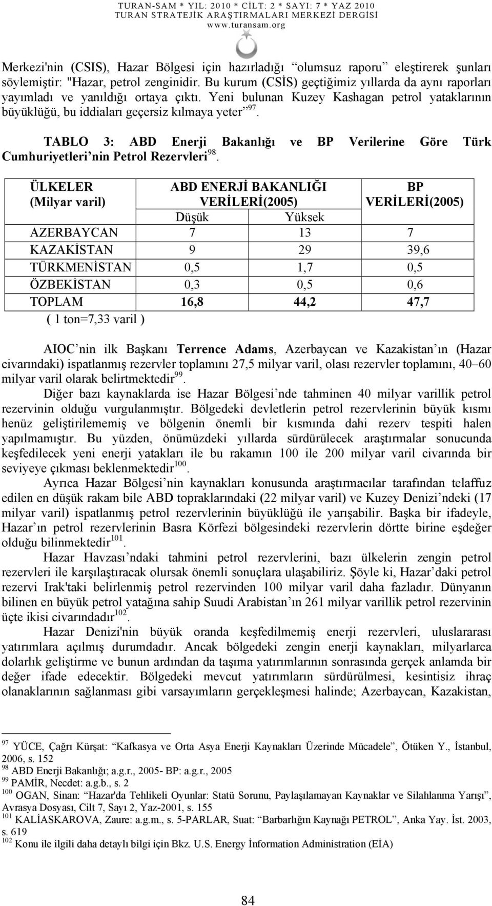 TABLO 3: ABD Enerji Bakanlığı ve BP Verilerine Göre Türk Cumhuriyetleri nin Petrol Rezervleri 98.
