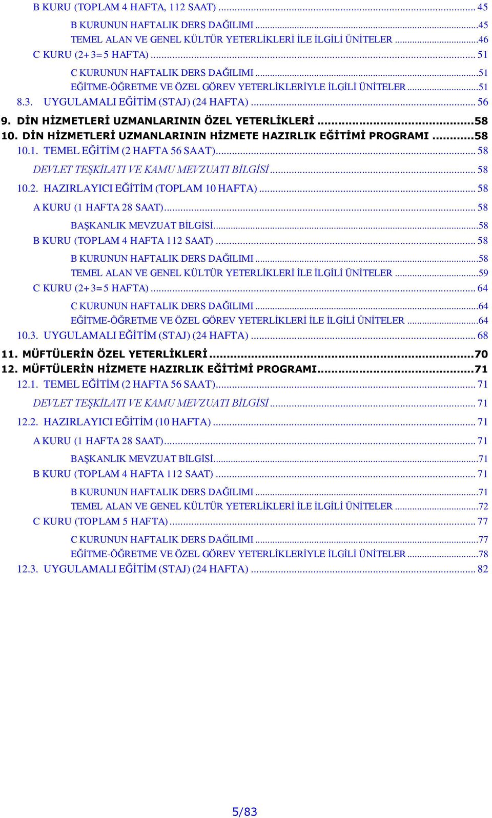 DİN HİZMETLERİ UZMANLARININ ÖZEL YETERLİKLERİ... 58 10. DİN HİZMETLERİ UZMANLARININ HİZMETE HAZIRLIK EĞİTİMİ PROGRAMI... 58 10.1. TEMEL EĞİTİM (2 HAFTA 56 SAAT).