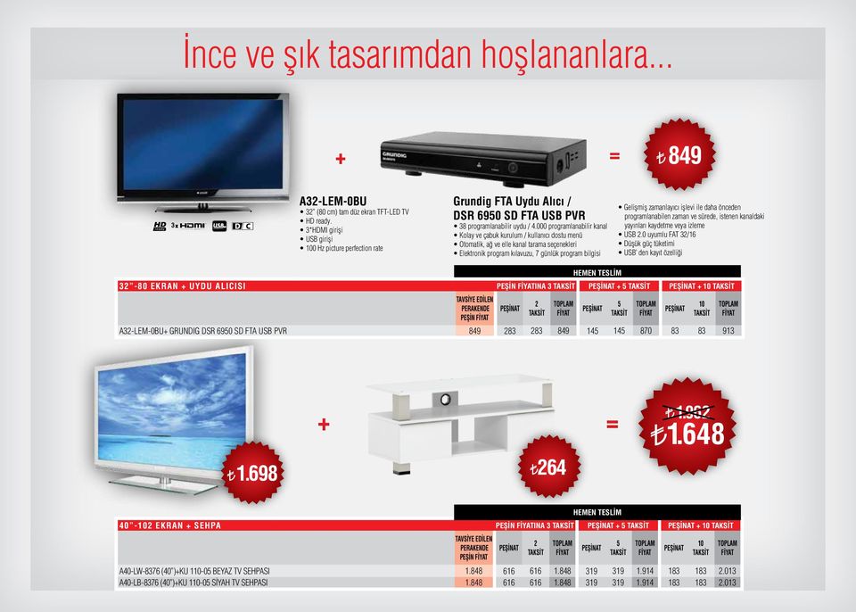 000 programlanabilir kanal Kolay ve çabuk kurulum / kullanıcı dostu menü Otomatik, ağ ve elle kanal tarama seçenekleri Elektronik program kılavuzu, 7 günlük program bilgisi Gelişmiş zamanlayıcı