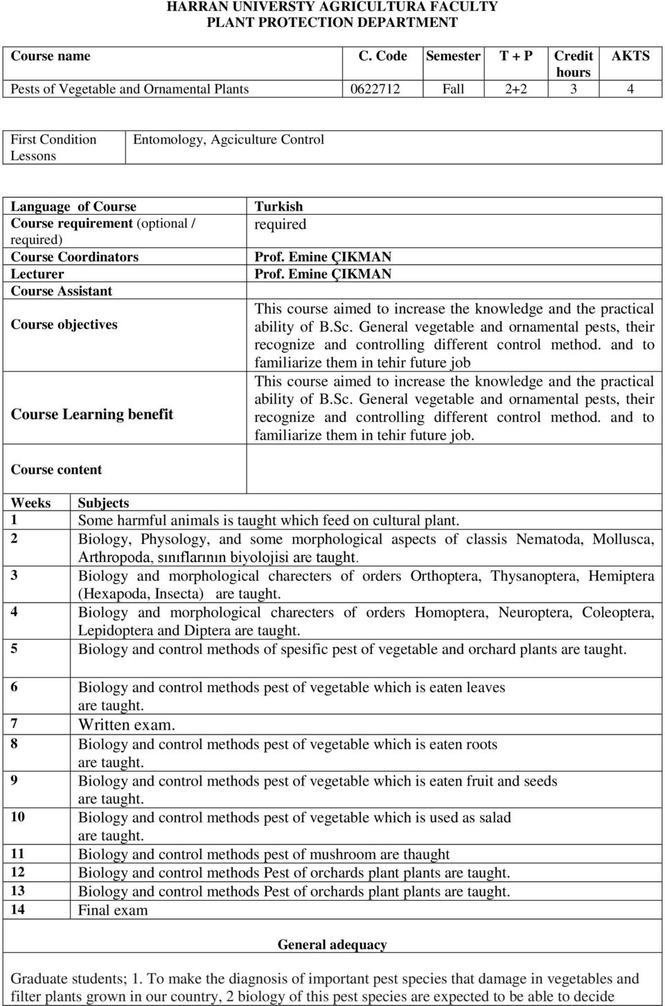 (optional / required) Course Coordinators Lecturer Course Assistant Course objectives Course Learning benefit Turkish required Prof. Emine ÇIKMAN Prof.