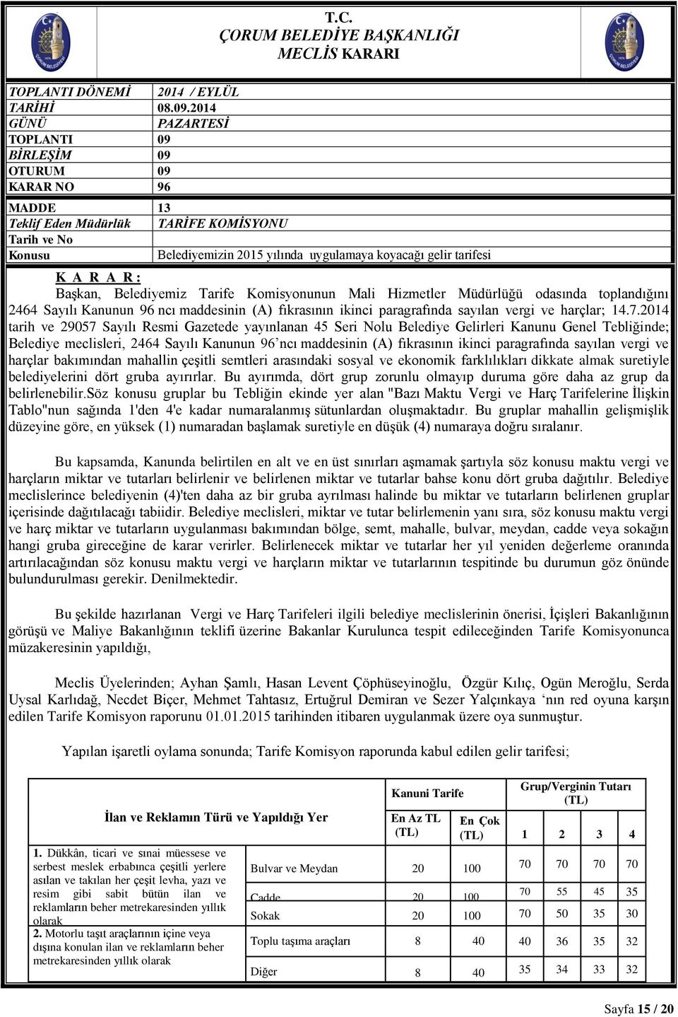 2014 tarih ve 29057 Sayılı Resmi Gazetede yayınlanan 45 Seri Nolu Belediye Gelirleri Kanunu Genel Tebliğinde; Belediye meclisleri, 2464 Sayılı Kanunun 96 ncı maddesinin (A) fıkrasının ikinci