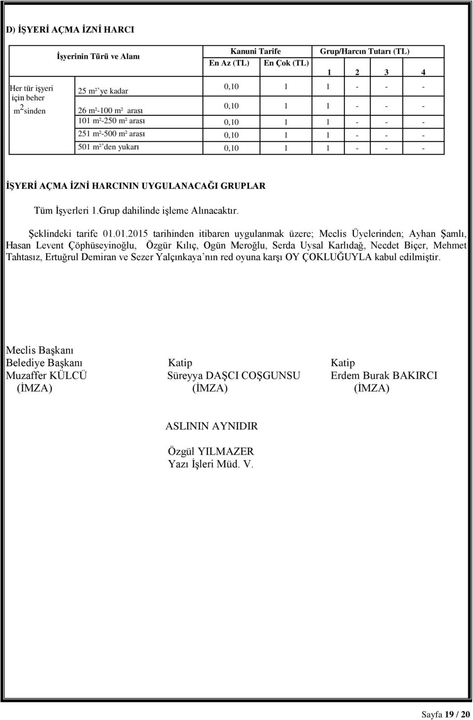 İşyerleri 1.Grup dahilinde işleme Alınacaktır. Şeklindeki tarife 01.